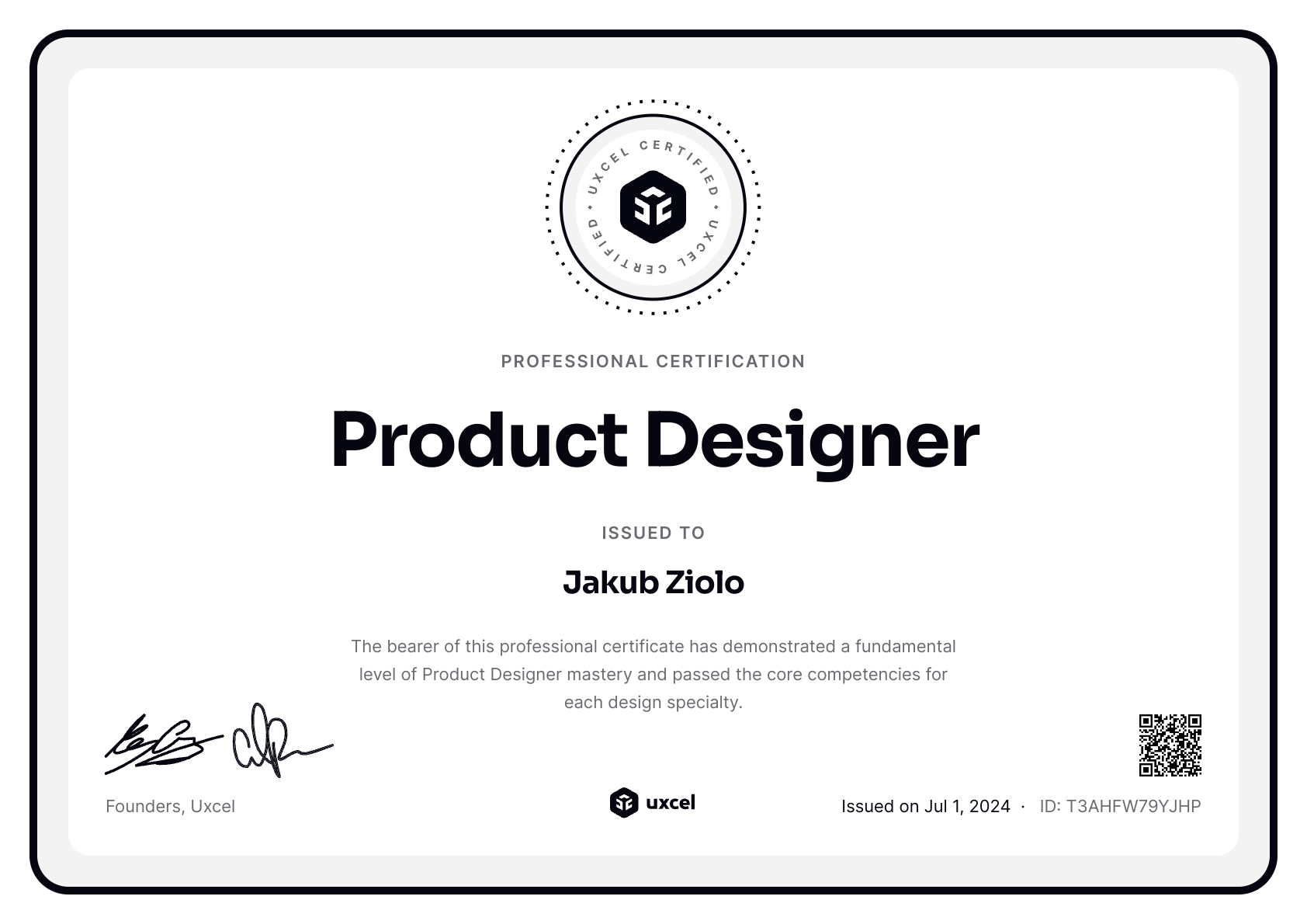 Jakub Ziolo's certificate